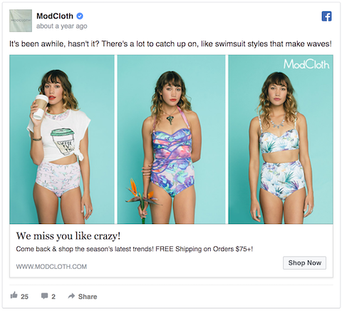 Example Winback Facebook Campaign - ModCloth