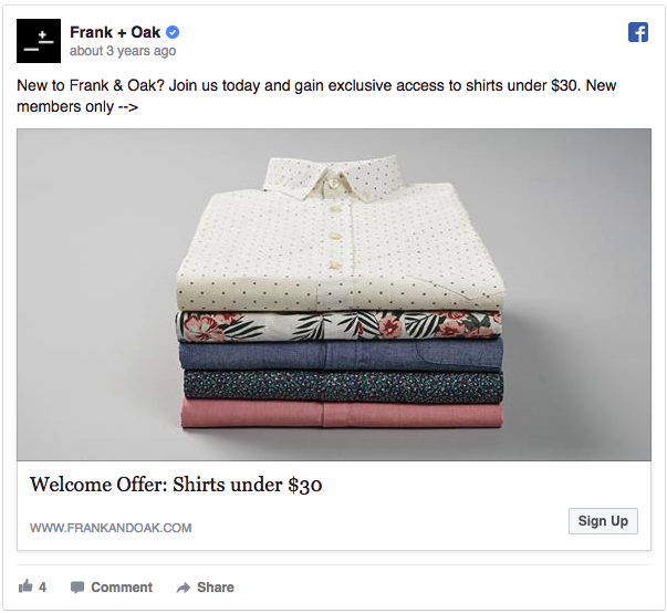 Example Facebook Campaign with Welcome Offer - Frank+Oak