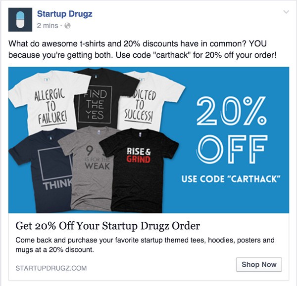 Example Facebook Abandoned Cart - Startup Drugz