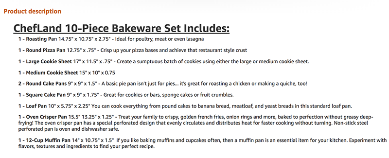 Amazon Product description - ChefLand bakeware set