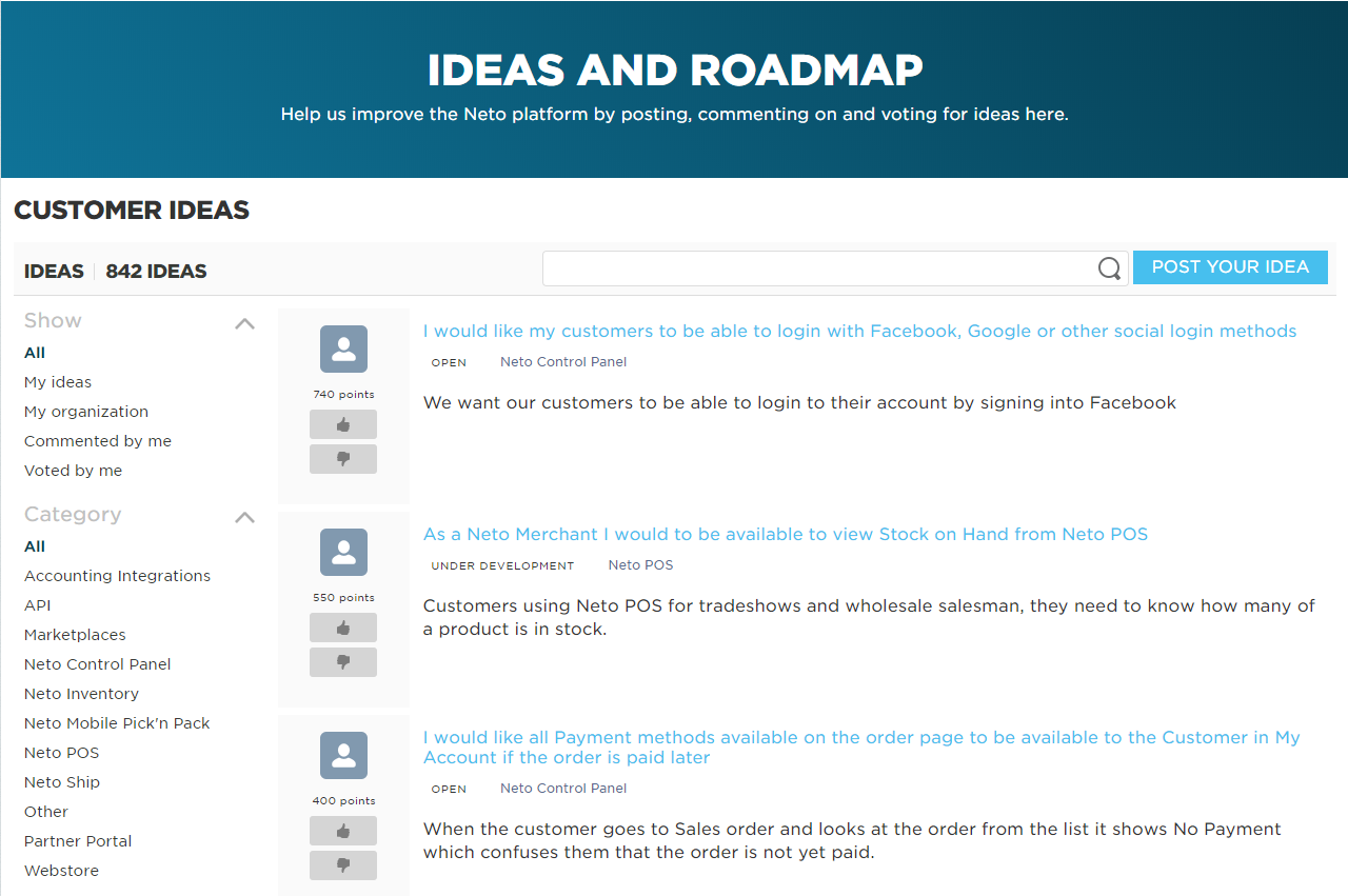 Neto Ideas and Roadmap page