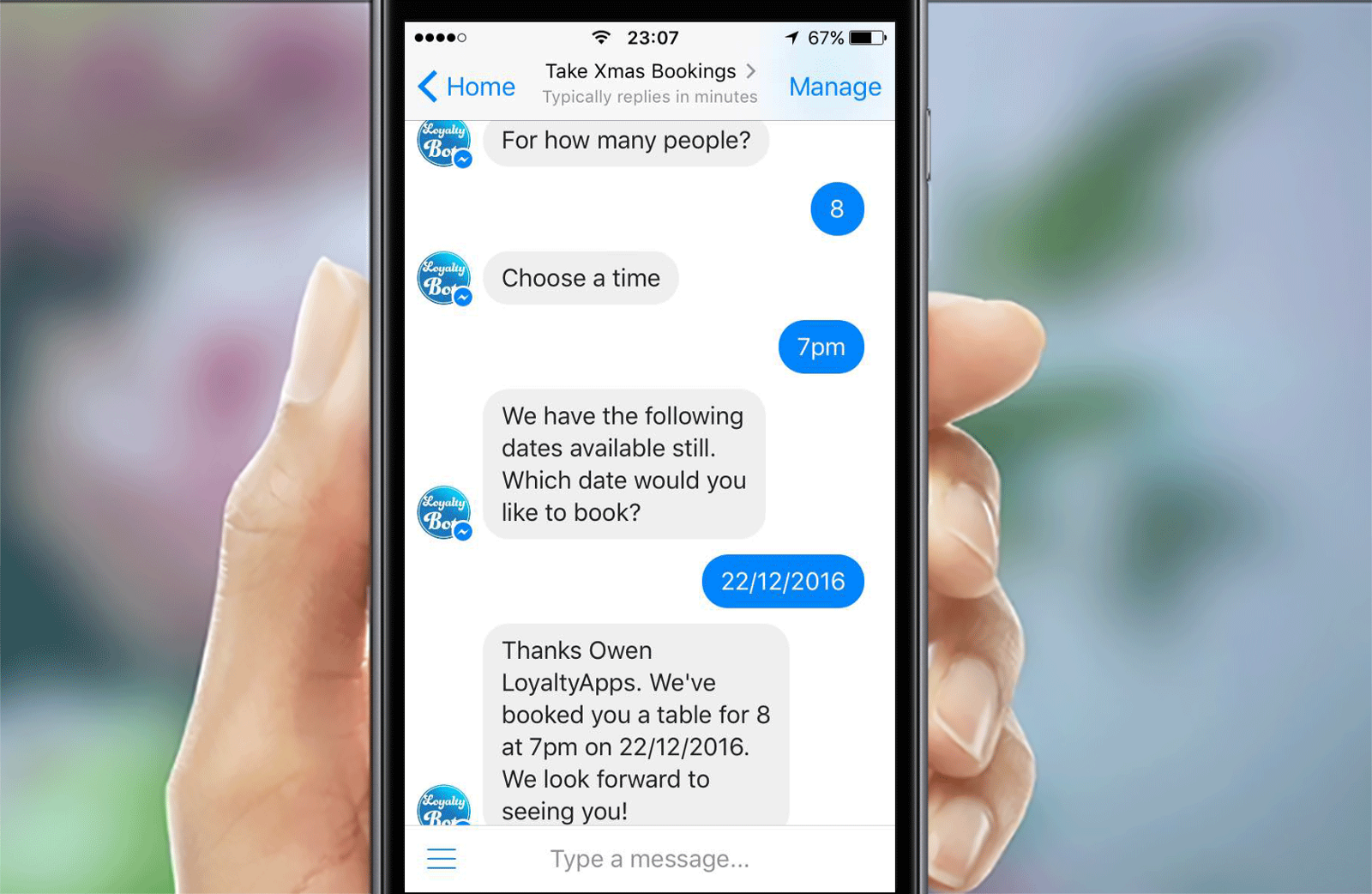 Chatbot taking bookings