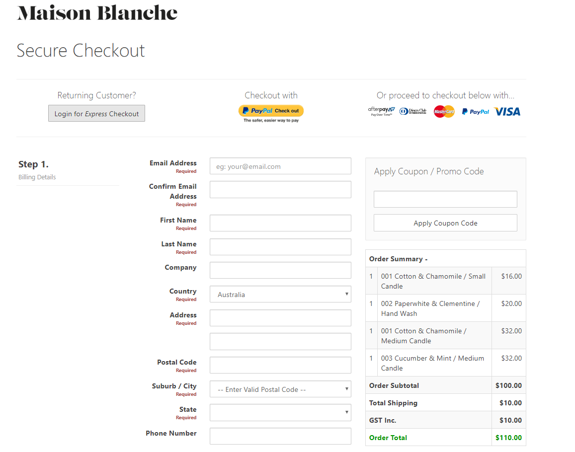 Maison Blanche Checkout Page