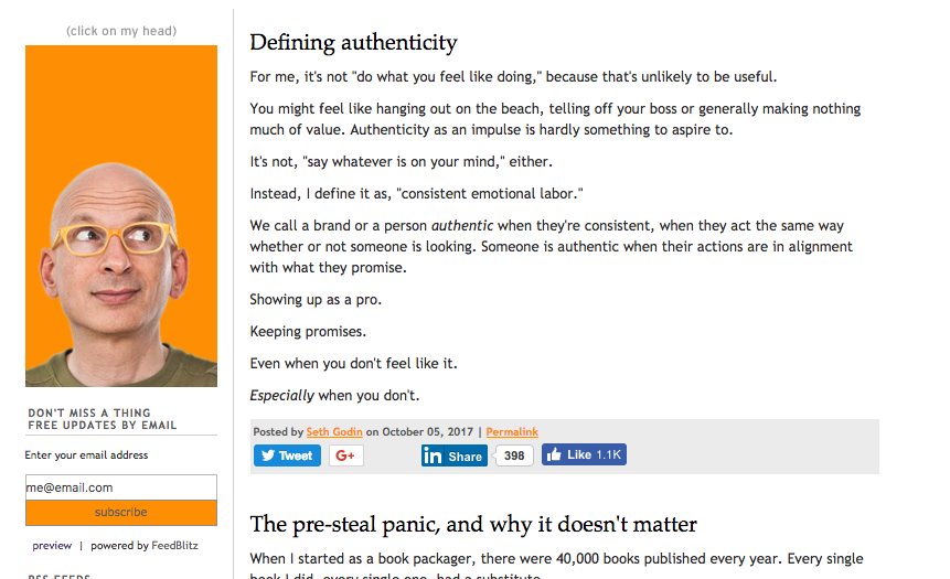 Seth Godins blog homepage