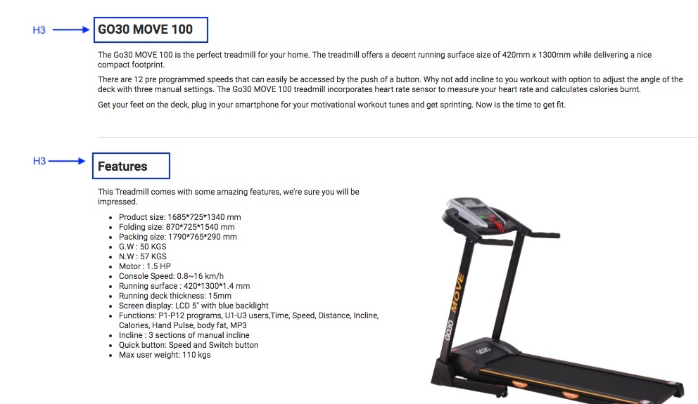 Heading 2 and Heading 3 product page examples